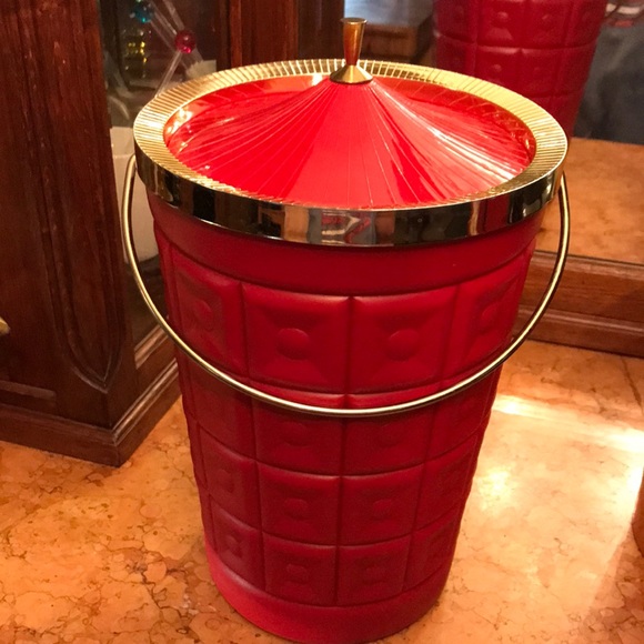 MCM Lustro-Ware red & gold plastic ice bucket